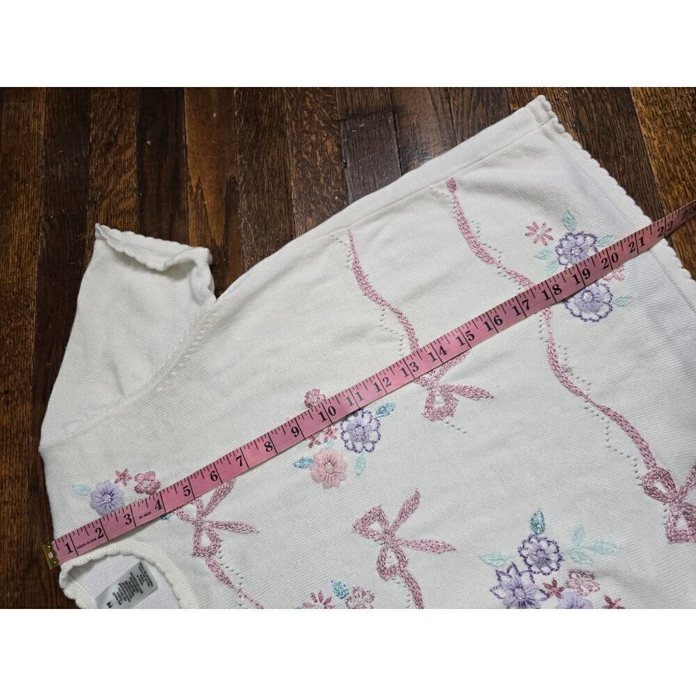 Vintage 90s Grannycore White Pink Bow Floral Embroidered Shirt - Picture 7 of 9